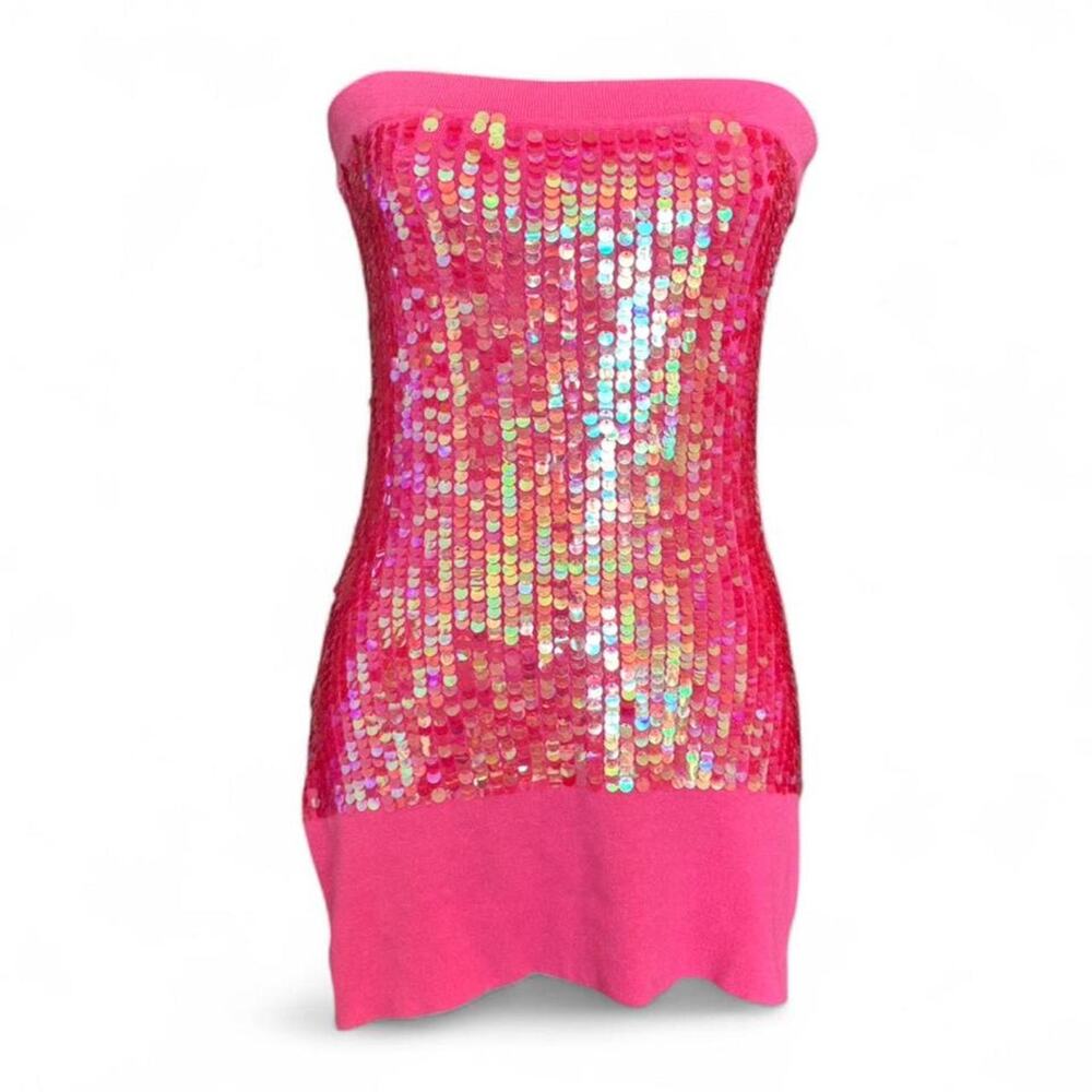 Y2K Hot Pink Sequin Tube Top/very mini dress – Barbiecore Glam Party Top S/M